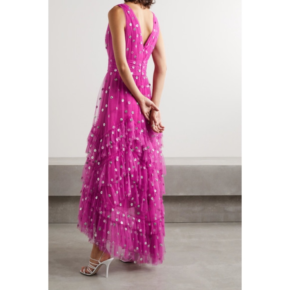 Marchesa Notte Sequin Dot Tulle Ruffle Midi Dress - Picture 5 of 13